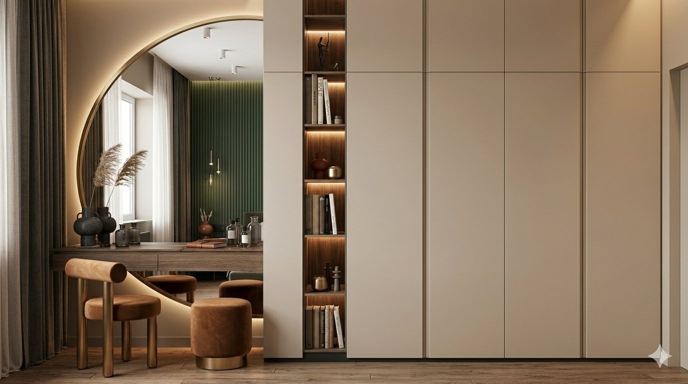 Cream luxury wardrobe with arch mirror