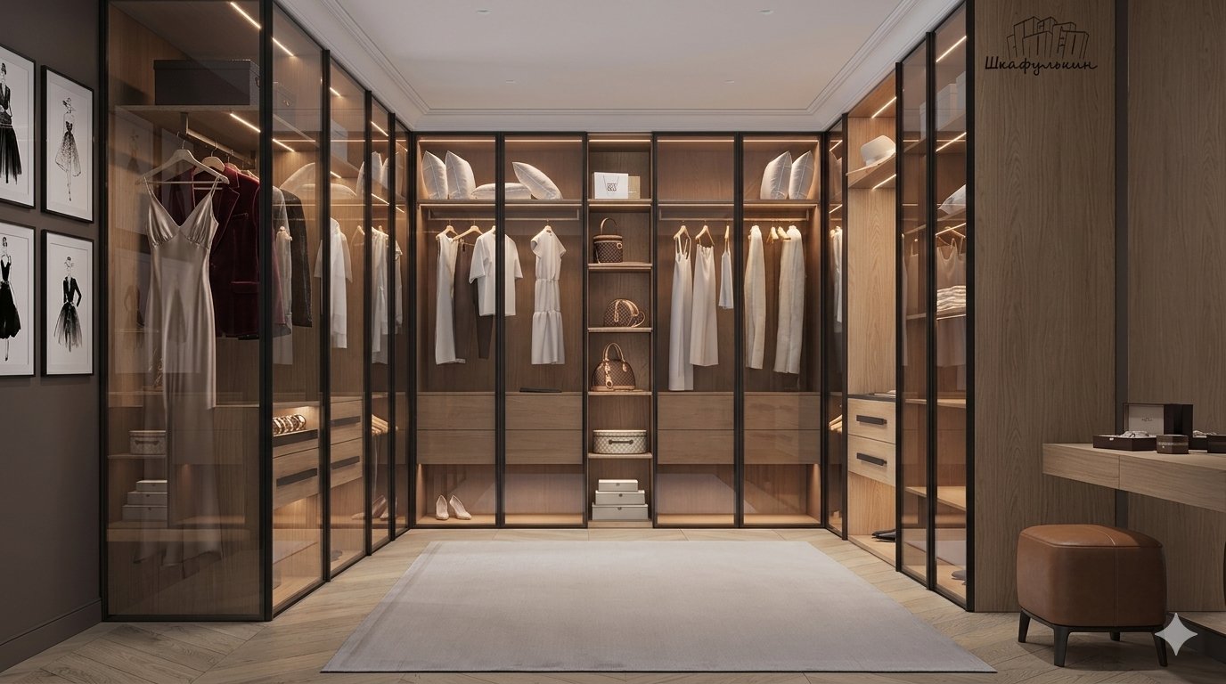 Warm oak glass walk-in wardrobe