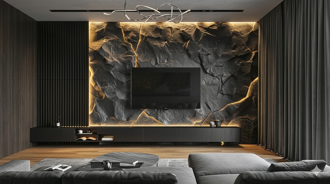 Stone texture dark media wall Karachi