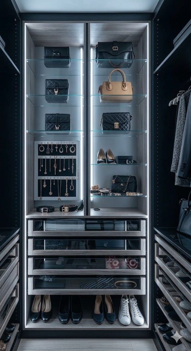 Glass display cabinet walk-in wardrobe