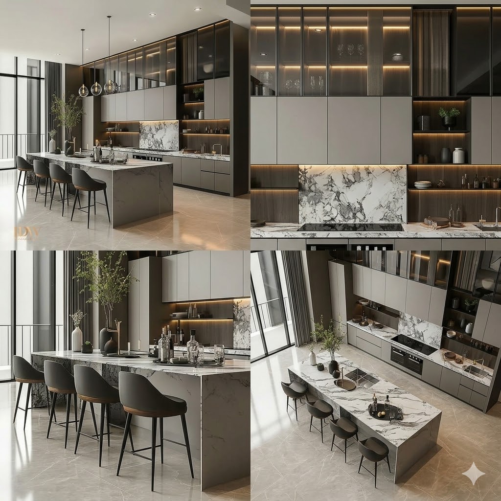 Grey marble island kitchen Karachi