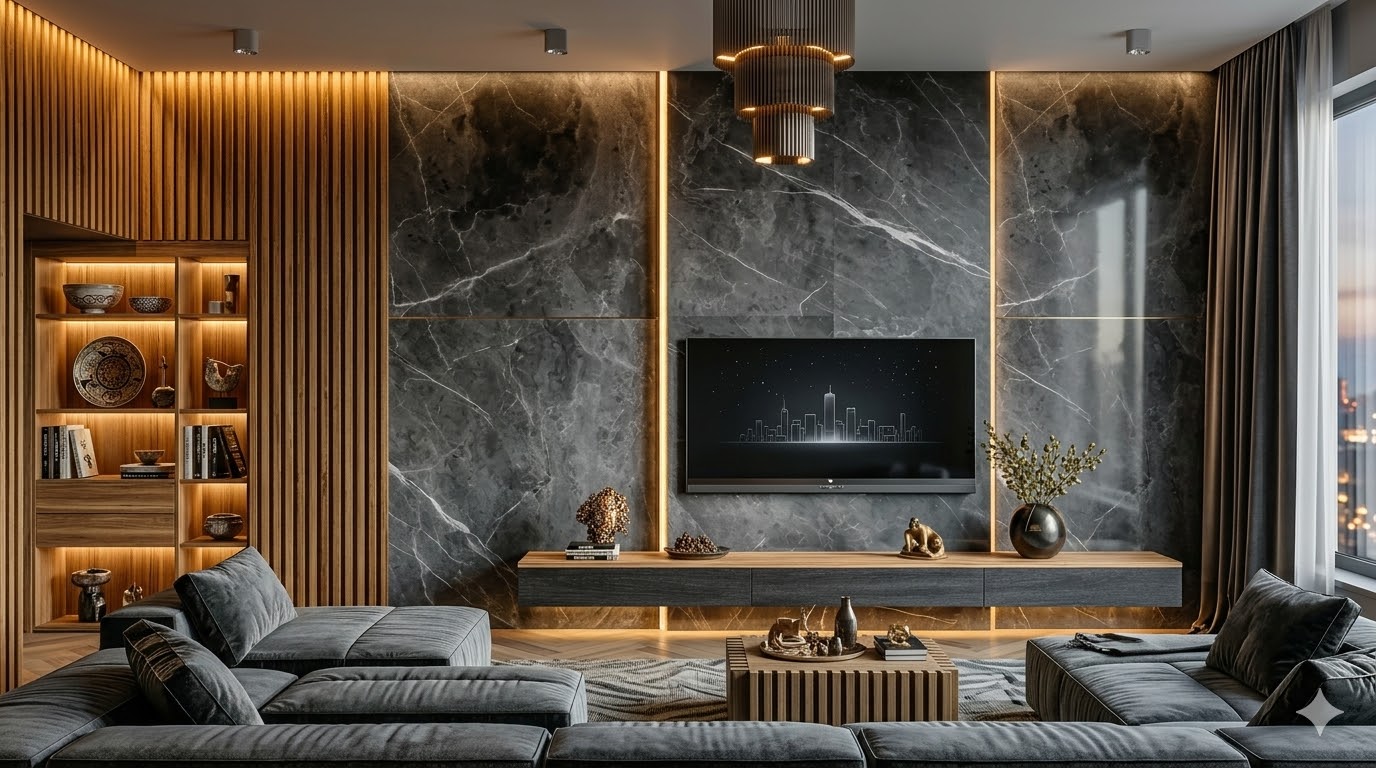 Dark marble and wood media wall Karachi